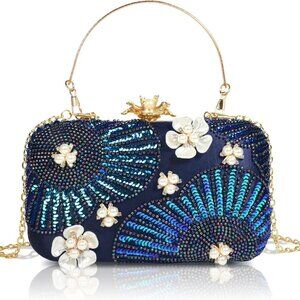 Women Pearls Beaded Clutch Flower Sequins Evening Handbag Chain Strap Shoulder B